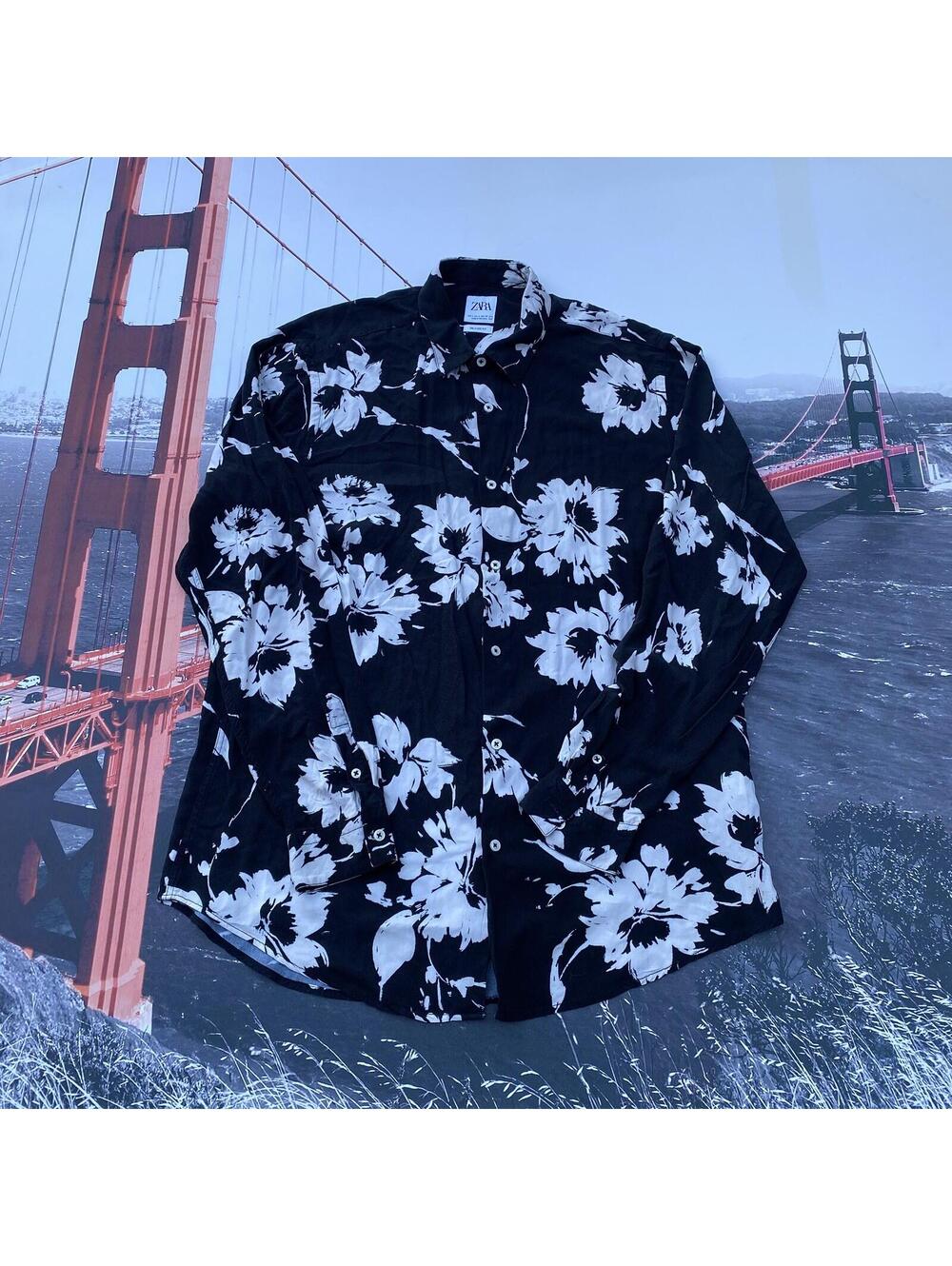 Zara Mens L Button Up Long Sleeve Shirt Black White Floral Geo Abstract Pattern